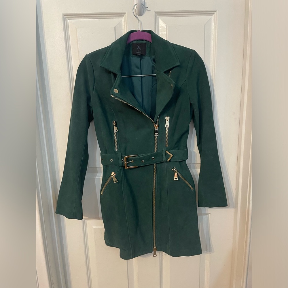 Green NBD suede coat with gold accents